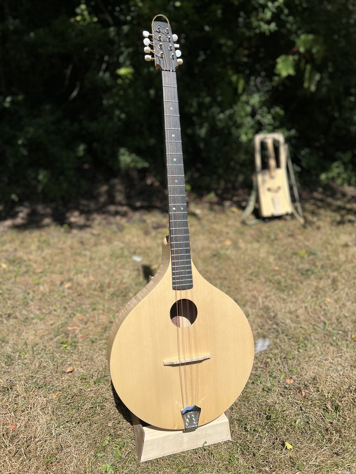 A long-necked Irish bouzouki on a stand in the garden