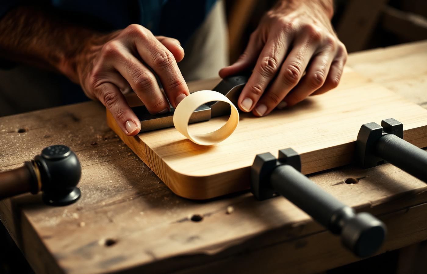 Hands at the workbench, planing a curl of pale wood