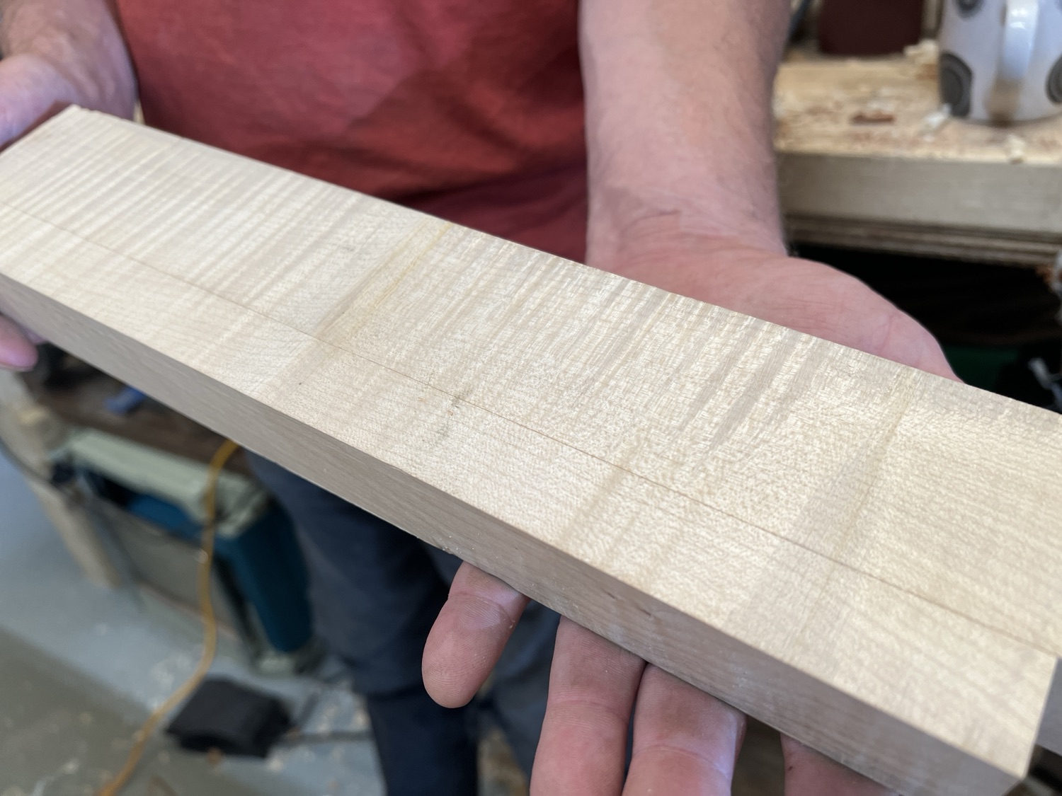 A wide, figured board of pale sycamore held up in the workshop — wide enough to take a crwth body in one piece