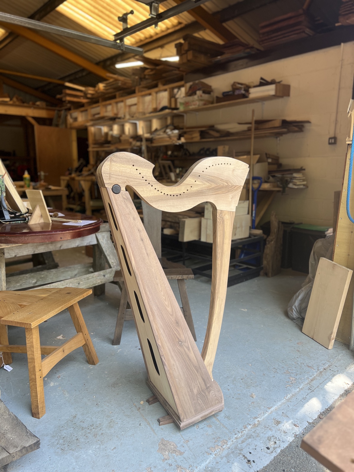 A carved Celtic harp