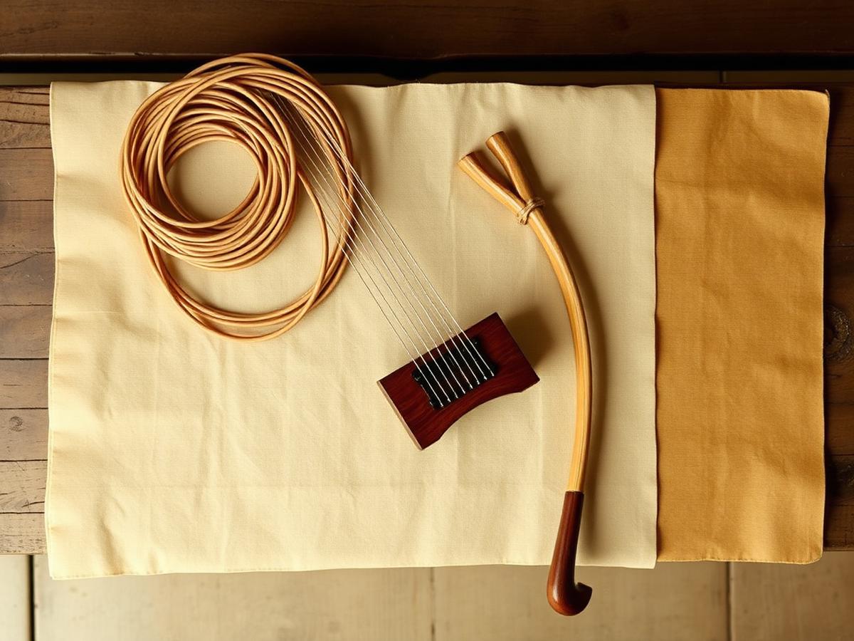 Coiled gut strings on linen